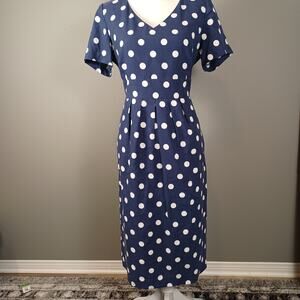 💙 Pure Collection 100% Silk Polka Dot Fit & Flare Midi Dress Navy White 10